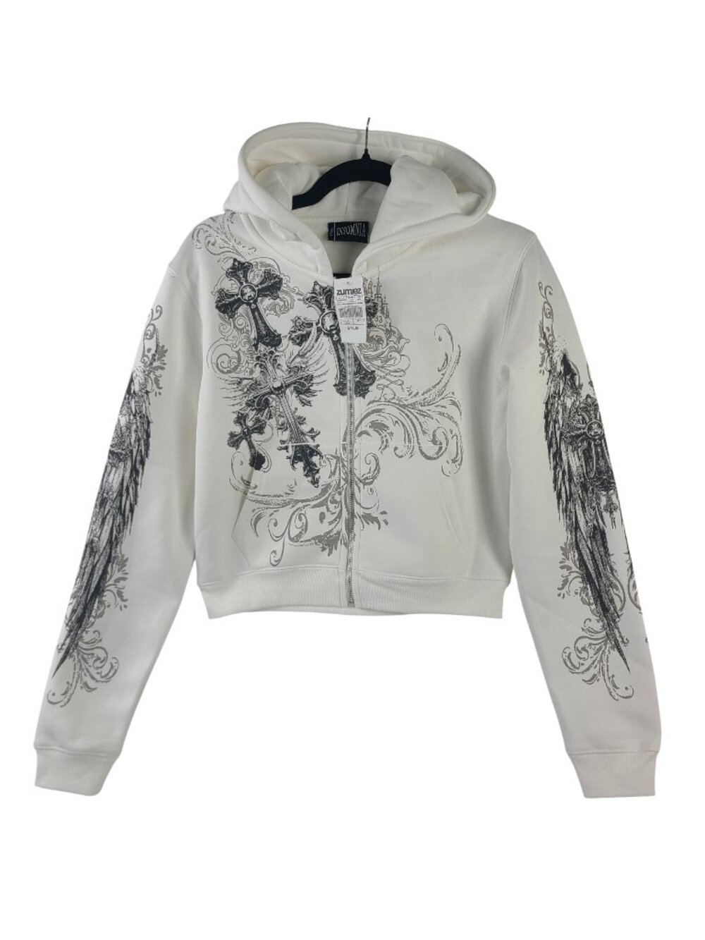 NEW Insomnia IV Elegance Cropped Hoodie White Angel Wings & Cross Graphic Sz L